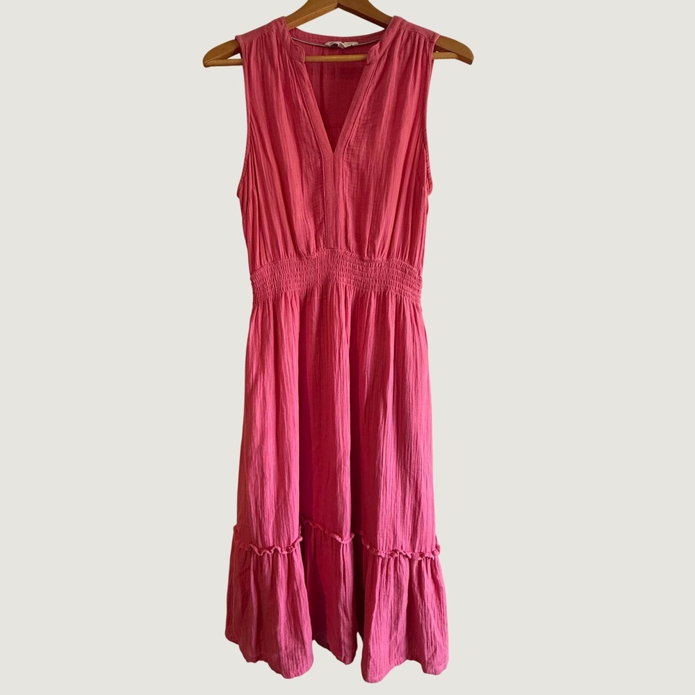 Southern Tide Pink Cotton Gauze Midi Dress Smocked Waist Tiered Pockets S 11384